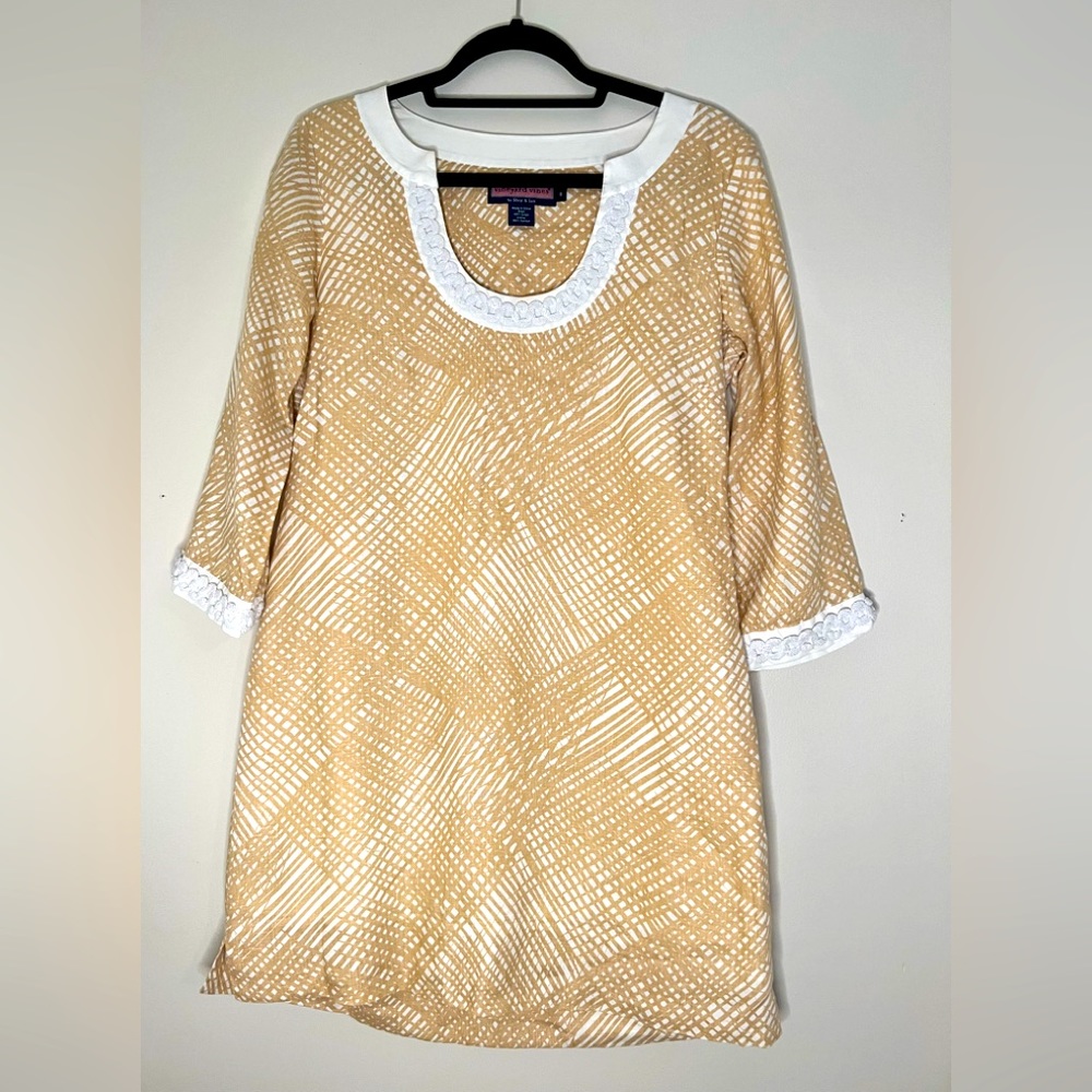 Vineyard Vines 100% linen tan white dress ladies size 8